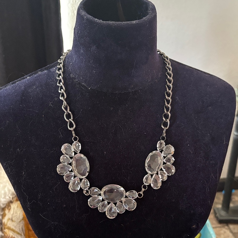 Silvertone Rhinestone Statement Bib Necklace - image 1